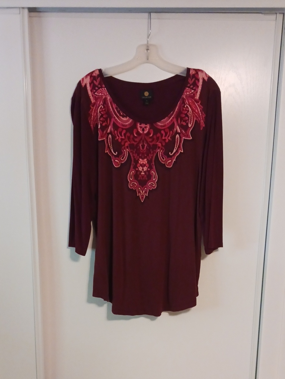 JM Collection Embroidered Scoop-Neck Long Sleeve Top in Burgundy